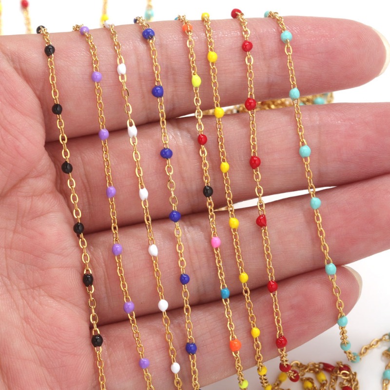 Pearl Trim Chain - Cute Multicolored Gold Color Stainless Steel